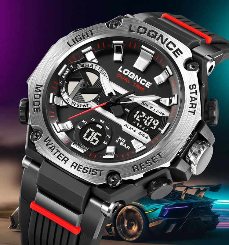 LOQNCE 98001 Orologio sportivo da uomo Impermeabile Dual Time Orologio da polso al quarzo da uomo Orologio digitale con data Cronometro militare Reloj Hombre