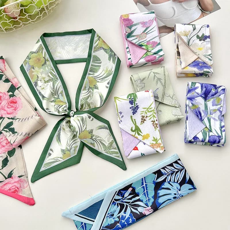 3 pieces shipped at random, long hair ribbons for women, new minimalist floral fresh literary double-layer satin small neck scarves, neck-protecting long silk scarves and streamers