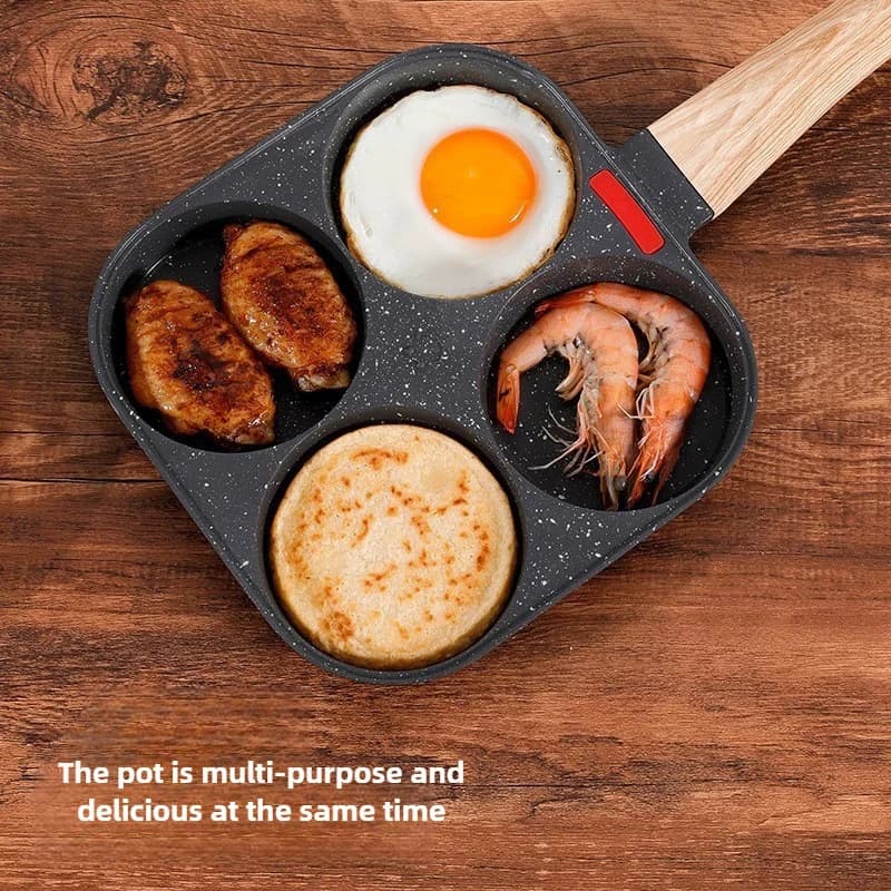 4-hole non-stick pan for breakfast, hamburger, eggs, pancakes, wooden handle, medical stone, non-stick pan, kitchen utensils