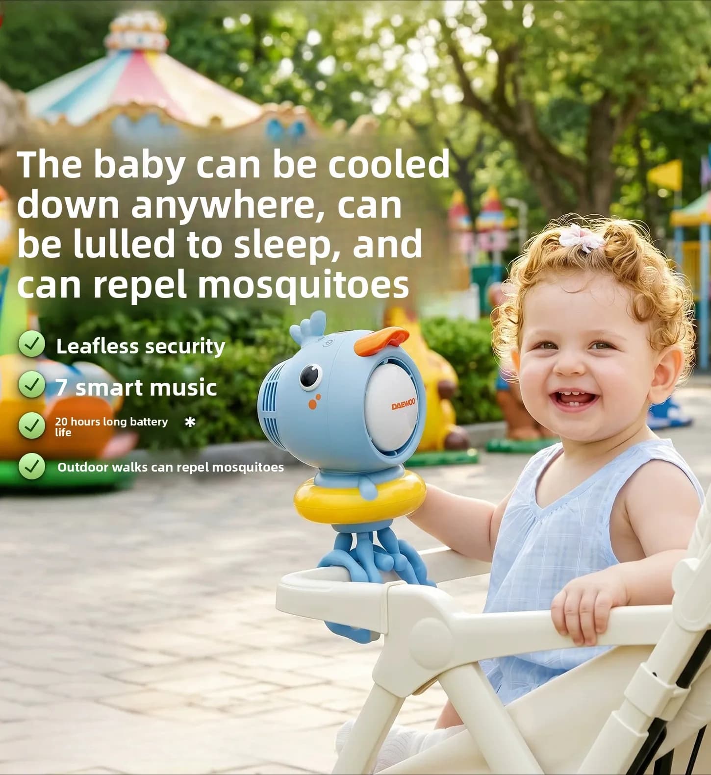 Food Grade Octopus Bladeless Stroller Fan 360° Rotatable With Music USB Rechargeable Long Lasting Portable Baby Fan for Outdoor