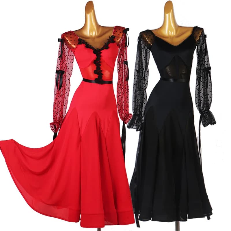 Abiti da valzer Costume da ballo da sala Donna Abiti con maniche a lanterna in rete nera Abito da spettacolo di danza moderna standard Rosso 3592