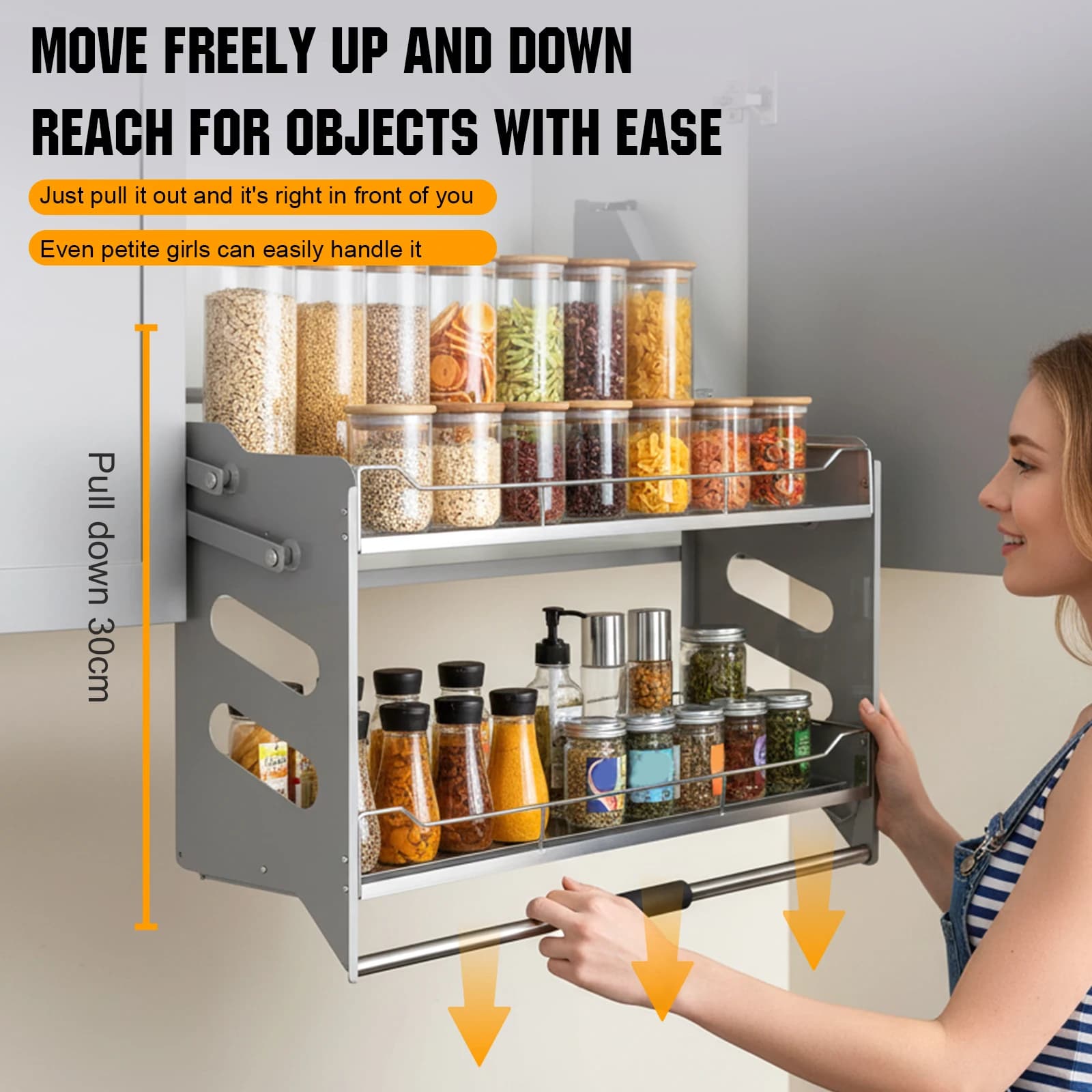 2-Tier Pull-down Storage Lift Cabinet Pull Cabinet Shelf Organizer 304 Stainless Steel 22-34 Inch Width for Snacks Bowls Plate