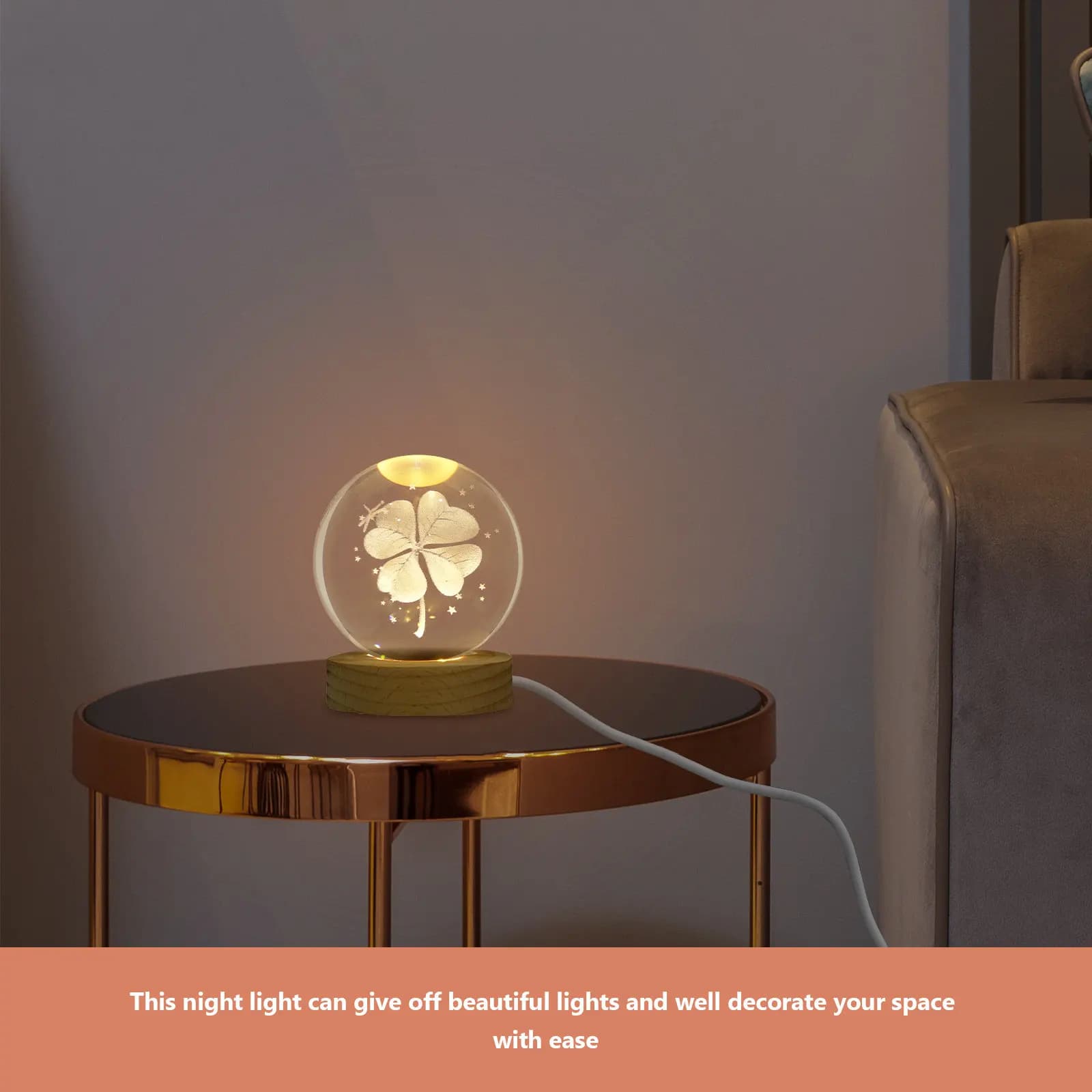 3D Crystal Sphere Night Lamp with Wood Base, Decorative Light for Bedside Table, Desk and Bedroom
