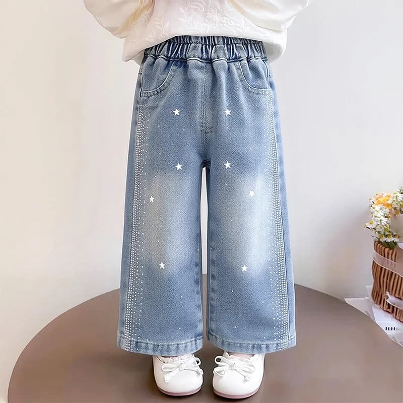 Jeans Primaverili e Autunnali per Bambine, Pantaloni Larghi in Denim Morbido Lavato, Stile Coreano, Pantaloni Lunghi e Comodi per Bambini