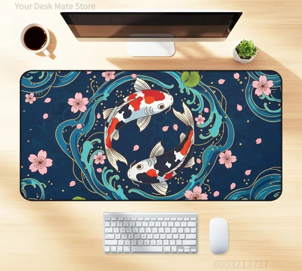 Anime Koi Fish Cherry Blossom Gaming Mouse Pad Extended Desk Pad Anti-Slip Rubber Base Waterproof Keyboard Mat for Gamers Office