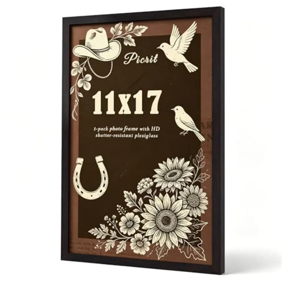 Picture Frame, Walnut 11 x 17 Poster Frame, Shatter Resistant Plexiglass, Horizontal or Vertical Wall Mounting for Gallery Phot