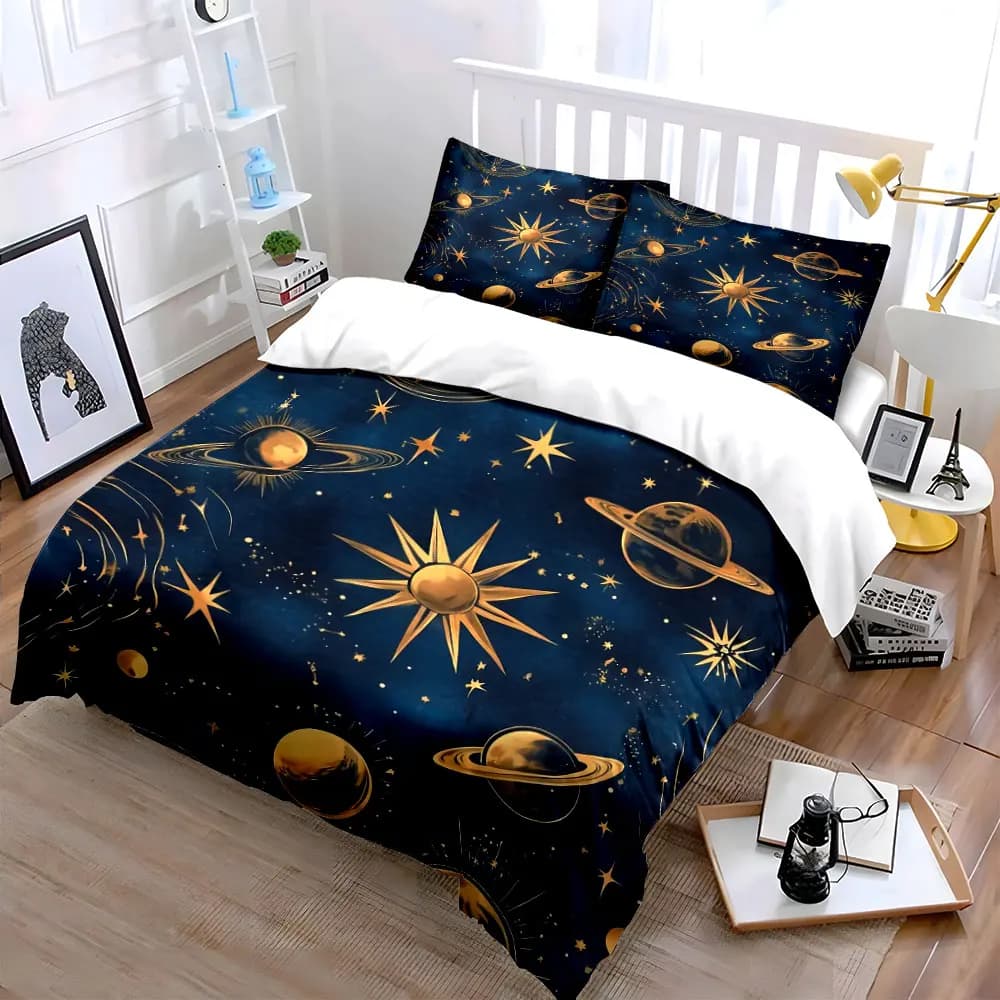 Cosmic Starry Planet Decor Set Bedding Set with 1 Duvet Cover 2 Pillowcases Single Double King Queen, Gift