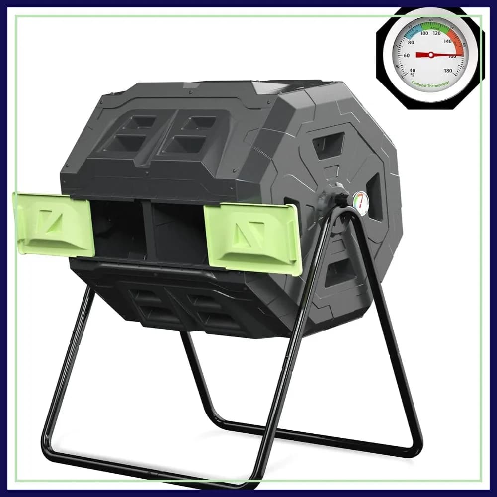 Composter da Giardino da 165 Litri con Termometro, Struttura in Acciaio Robusta, Porta Verde - Composter Girevole per Esterni