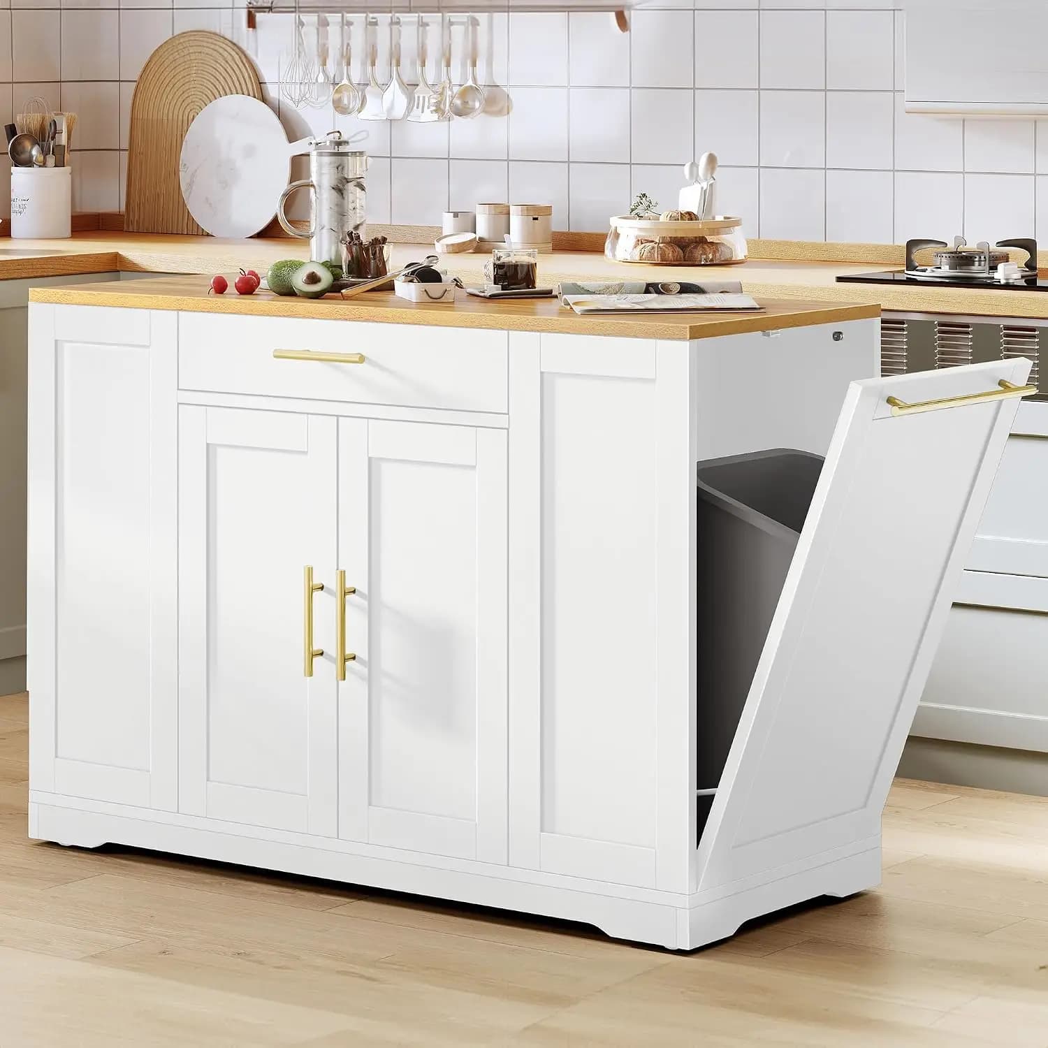 53 inch Large Rolling Kitchen Island with Trash Can Storage Cabinet, Portable Mobile Islands Table Long Floating Movable w Wheel