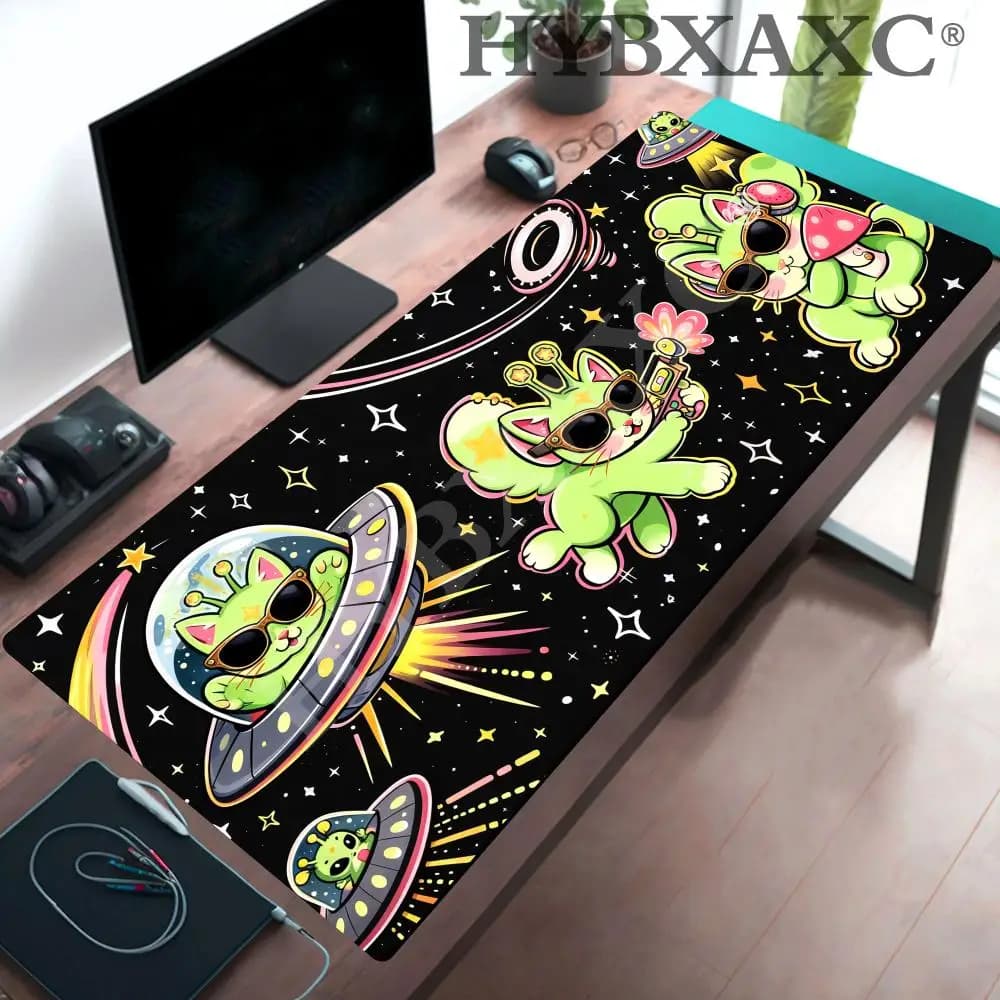 HYBXAXC Tappetino per Mouse Gatto Spaziale Kawaii, Tappetino da Scrivania Gatto Alieno Carino, Tappetino da Scrivania Galassia Neon, Tappetino per Mouse UFO Cartoon, Tappetino per Mouse Estetico da Gaming