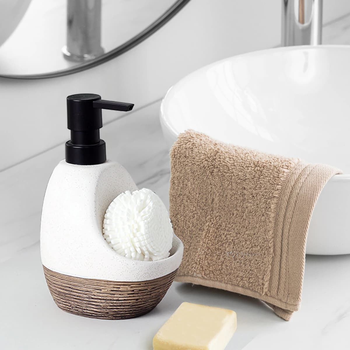 Dispenser di sapone per piatti in ceramica con porta spugna, dispenser di detersivo per cucina, set dispenser di bottiglie con pompa di liquidi per il bagno, 1 pezzo da 450 ml