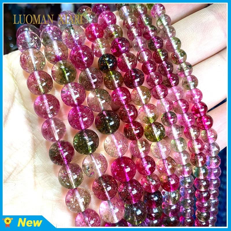 Pietra naturale anguria tormalina cristallo sciolto rotondo distanziatore perline per gioielli che fanno accessori braccialetto fai da te 6-10MM 15''