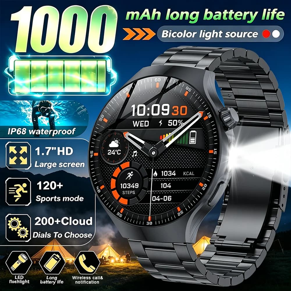 1000mAh Large Battery Military Smart Watch Men 1.7"HD Bluetooth Call 3ATM Waterproof LED Flash SOS Health Monitor Sport Watches