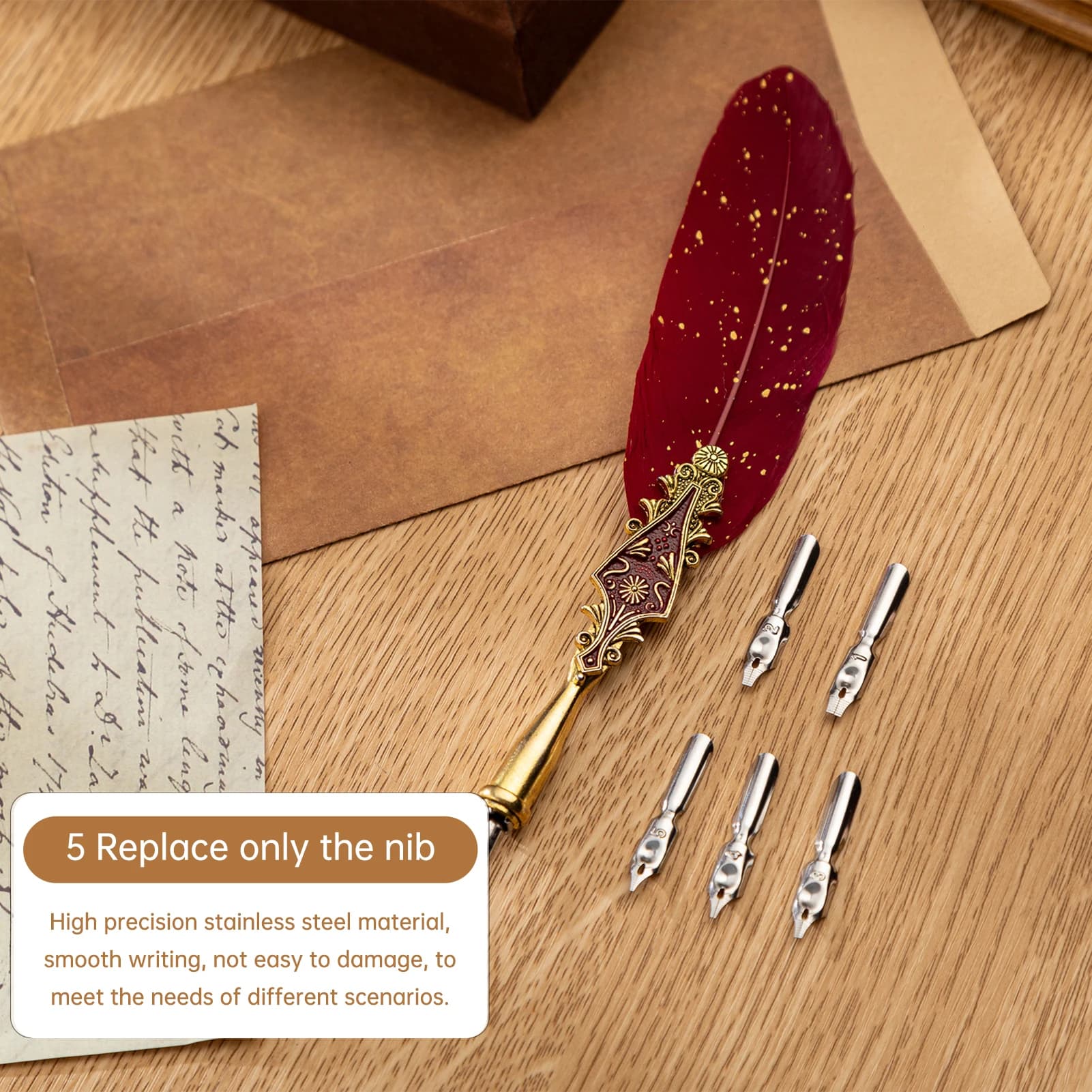 Retro Feather Dip Pen Set Vintage Quill Pen Elegant Style Calligraphy Writing Signature with Replacement Nibs Ideal for Handwrit