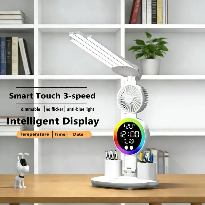 Lampada LED USB a doppia testa con controllo touch, dimmerabile e con cambio colore. Ventilatore integrato, luce notturna, protezione per gli occhi, senza batteria, per casa, ufficio, dormitorio.