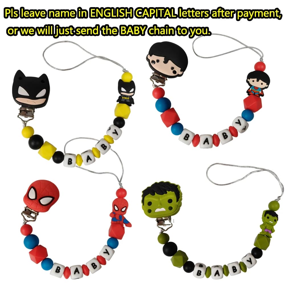 1 pz nome del bambino personalizzato yoda super eroe spiderman perline in silicone ciondolo ciuccio clip catene supporto massaggiagengive catena per dentizione