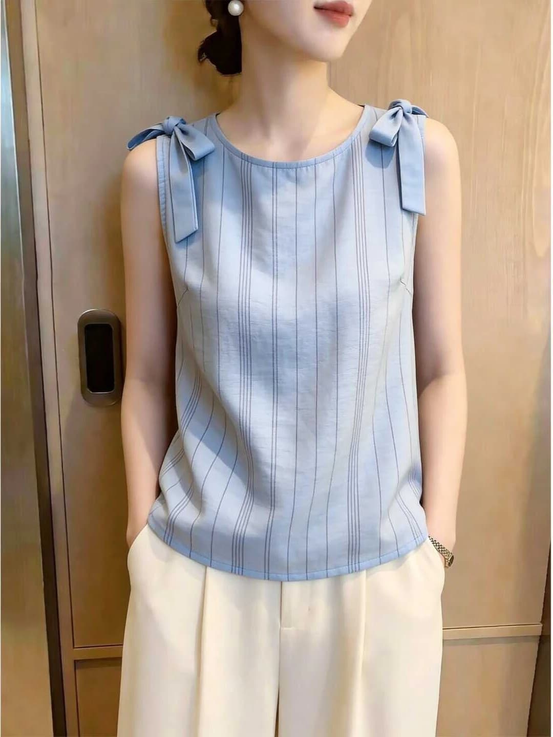 Korean Commuter Style Sleeveless Vest Striped Color Block Fashion Top Belted Design Summer 2026 Silk Women's Premium Clothing