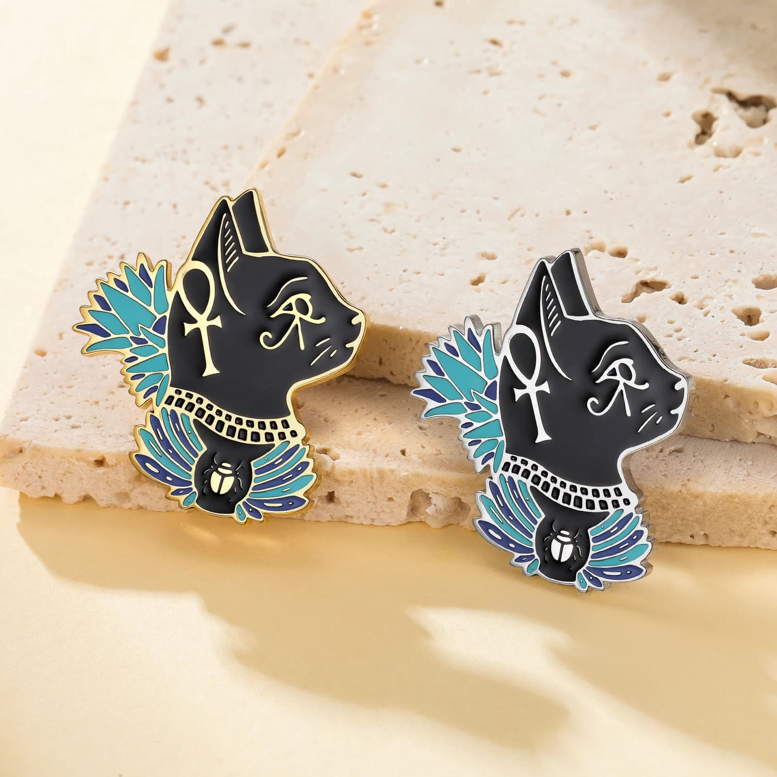 Unift Egyptian Bastet Cat Enamel Pin Stainless Steel Horus Eye Brooch Gold Plated Metal Badge for Clothes Backpack Jewelry Gift