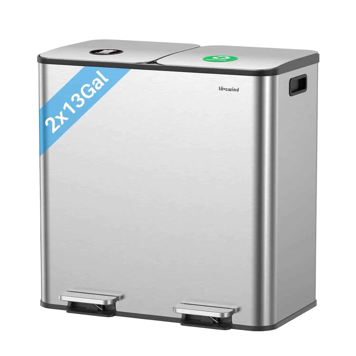 Bidoni Doppi per Rifiuti e Riciclo da Cucina, 2×13 Galloni (2×50L) in Acciaio Inox con Coperchio a Chiusura Morbida