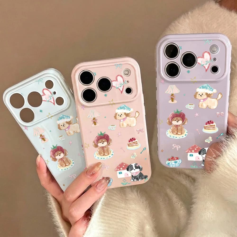 Cute Cartoons Puppy Candy Color Soft Phone Case For iPhone 17 13 11 15 12 14 16 Pro Max Shockproof Silicone Protective Cover