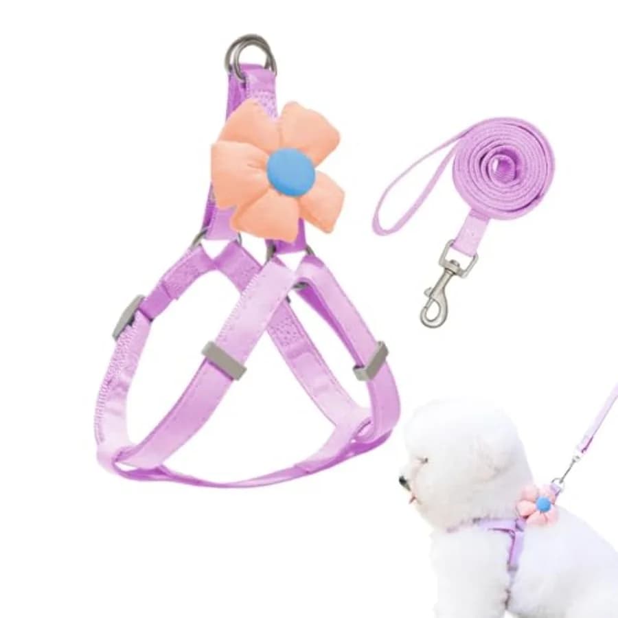 Dog Harness Collar and Leash Set, Sweet Floral Puppy Collar, Escape Proof Puppy Chest Harness, Adjustable Cute Harness Leash Se