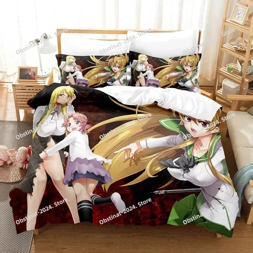 Anime Sexy Girl Highschool of the Dead Set letto stampato Copripiumino Federa Set biancheria da letto Lenzuolo di lino Copripiumino Completo King Size