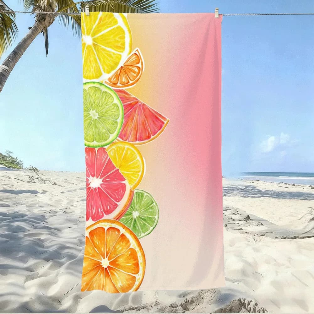 Fasci di asciugamani da spiaggia con stampa digitale HD di vivaci fette di agrumi su sfondo pastello, asciugamano da bagno con stampa digitale. Adatto per sport e viaggi