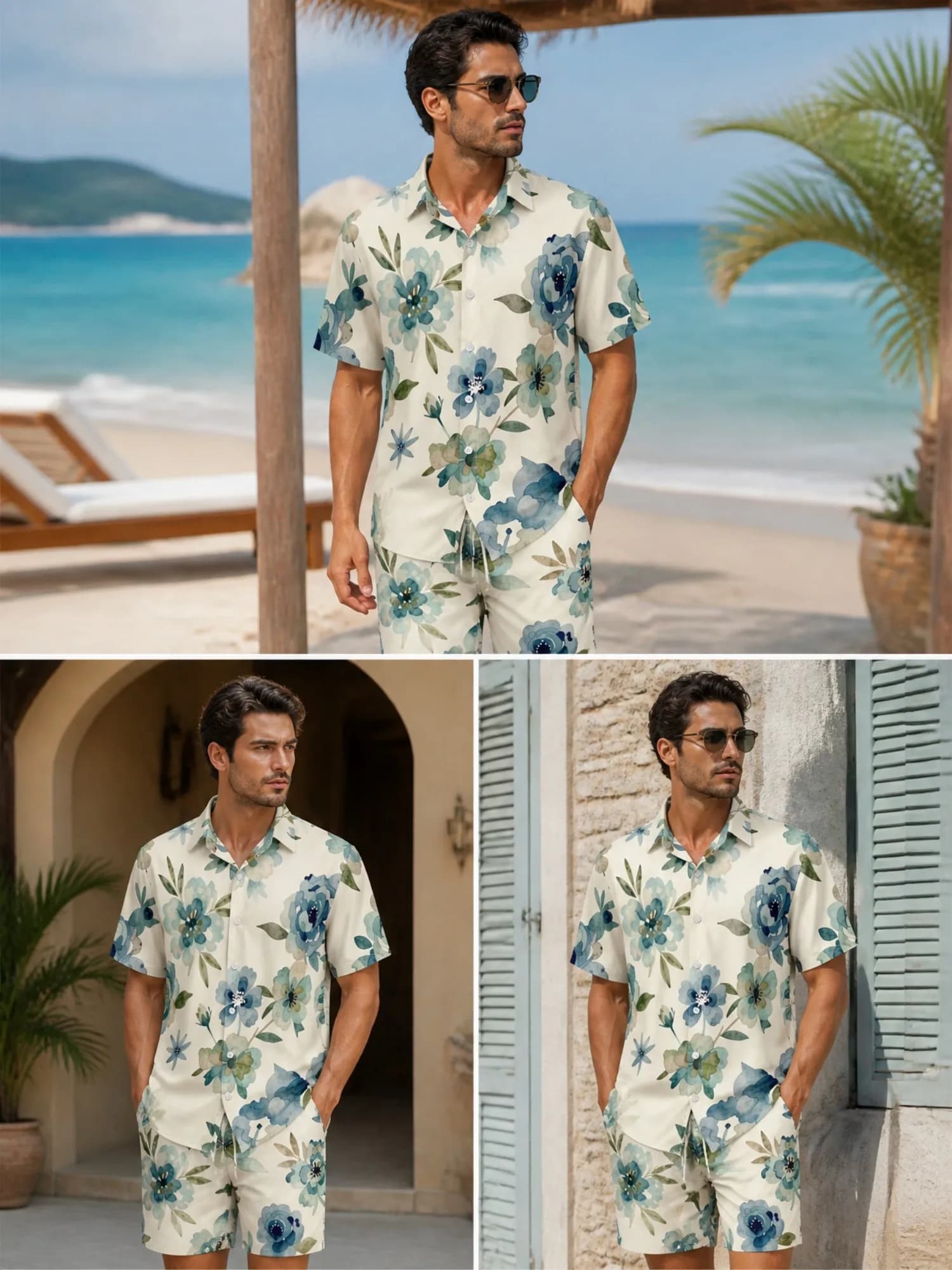 Mens Floral Short Sleeve Shirt and Drawstring Shorts Set Beach Vacation Matching Beach Two Piece Relaxed Beach Outfit Loungewear