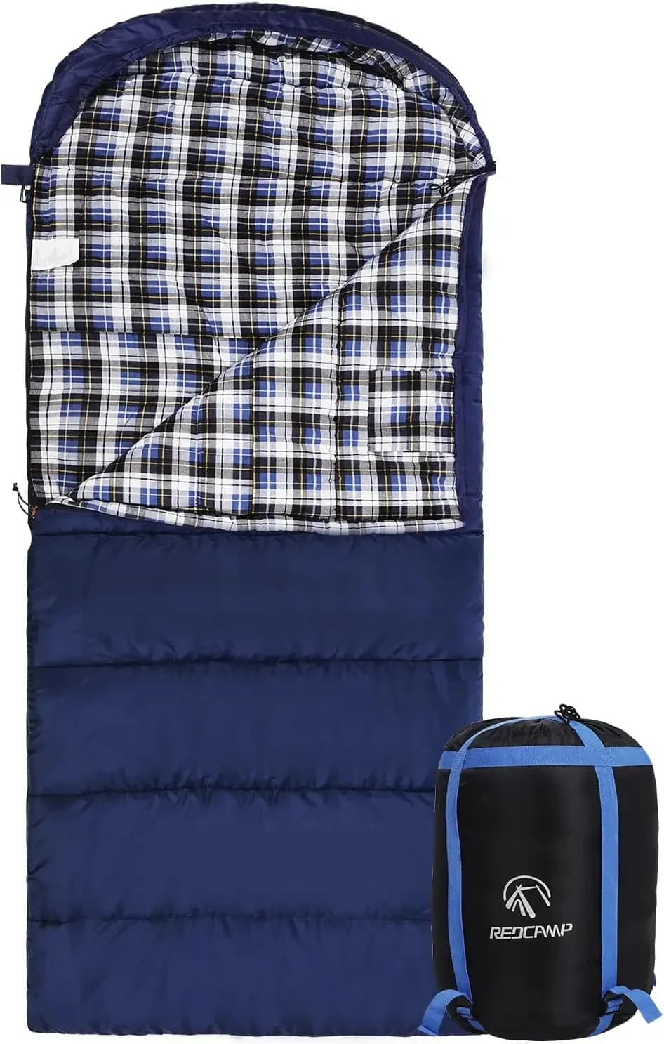 Sacco a Pelo per Adulti in Flanella, Comodo Cotone per Campeggio con Cappuccio Staccabile, Rosso Grigio Blu Nero