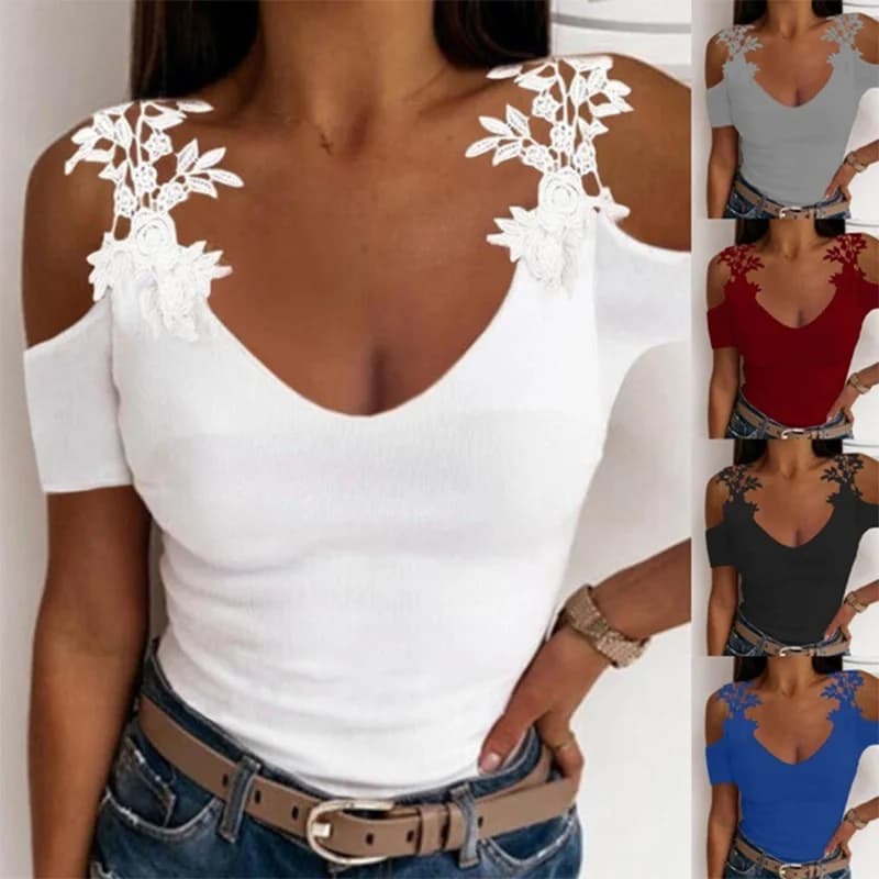 T-shirt con scollo a v solido da donna a maniche corte in pizzo con spalle scoperte Sexy