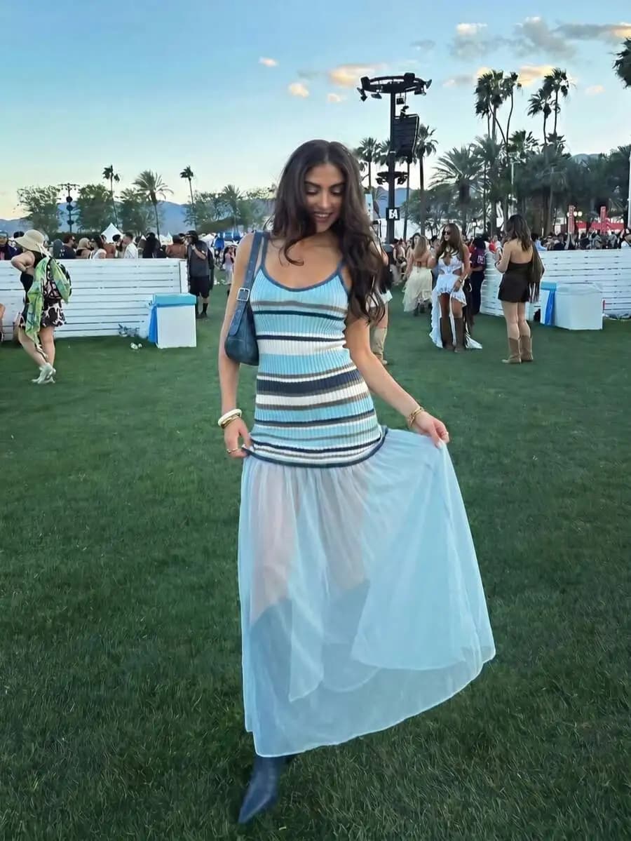 Striped Knit Camisole Dress With Sheer Maxi Skirt Sleeveless Spaghetti Strap Summer Casual Dress