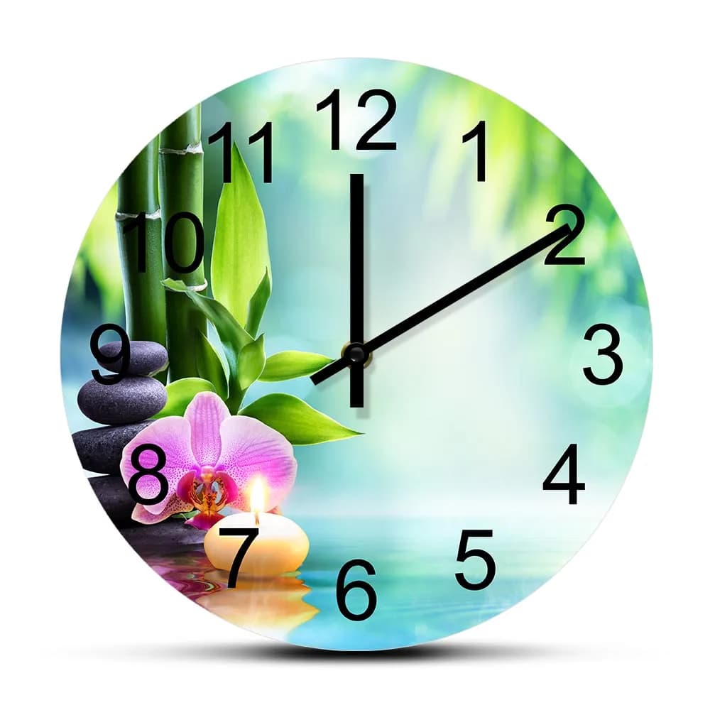 Silent wall clock with Zen stones, sage lotus flower, for spa lounge, wellness center, massage room decoration, wall clock for medical mediation