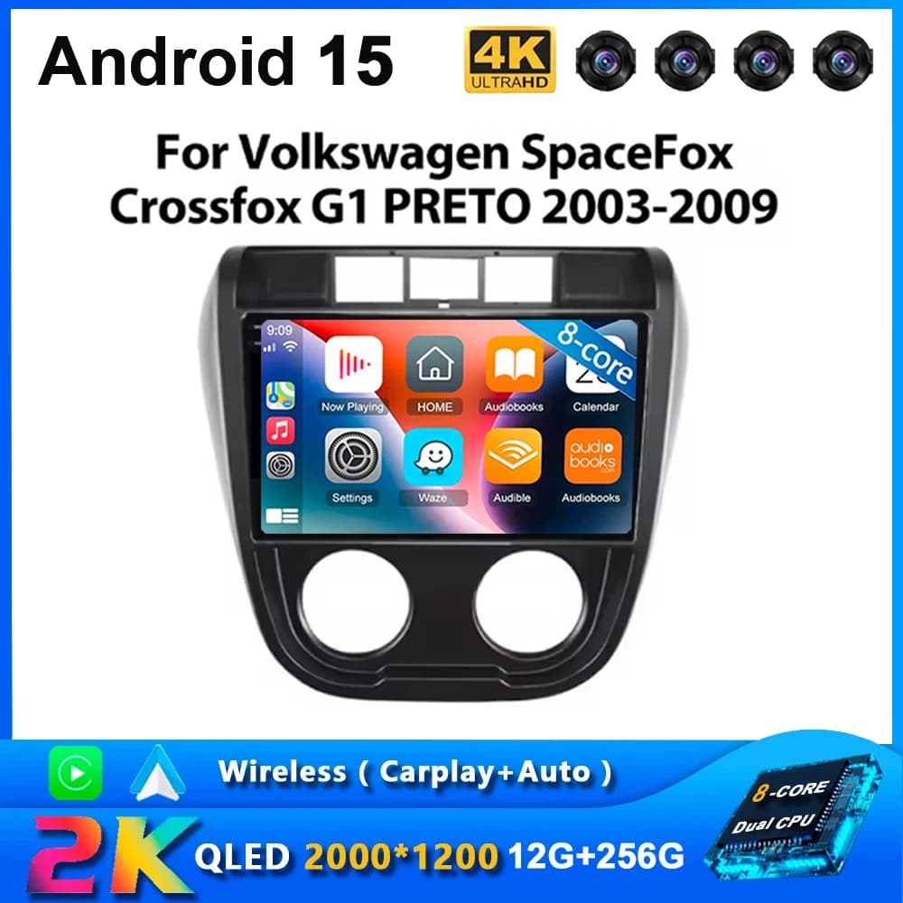 Android 15 Per Volkswagen SpaceFox Crossfox G1 PRETO 2003 - 2009 Lettore multimediale GPS Wireless Carplay Autoradio 2Din Autoradio