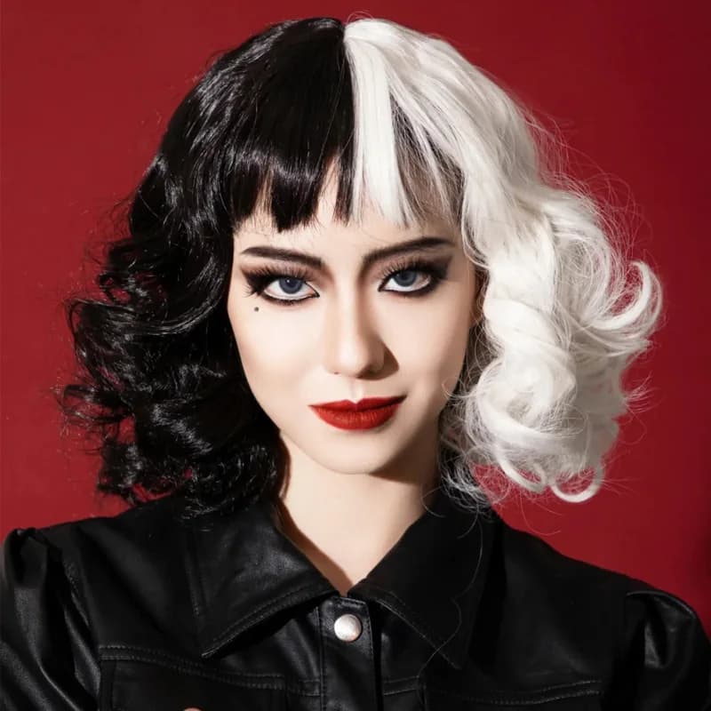 Festive synthetic new wig Witch Cruella cos female half black half white short roll high temperature silk headpiece