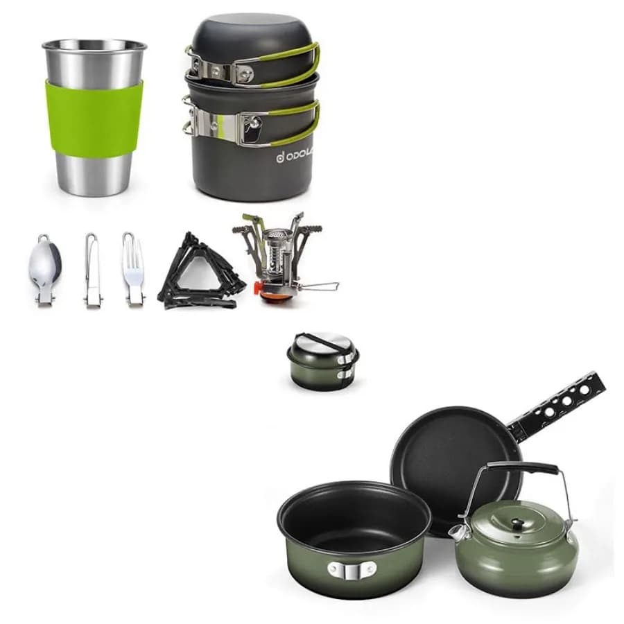 Set - 2 articoli: Fornello da campeggio e set di pentole da campeggio da 5 pezzi con bollitore