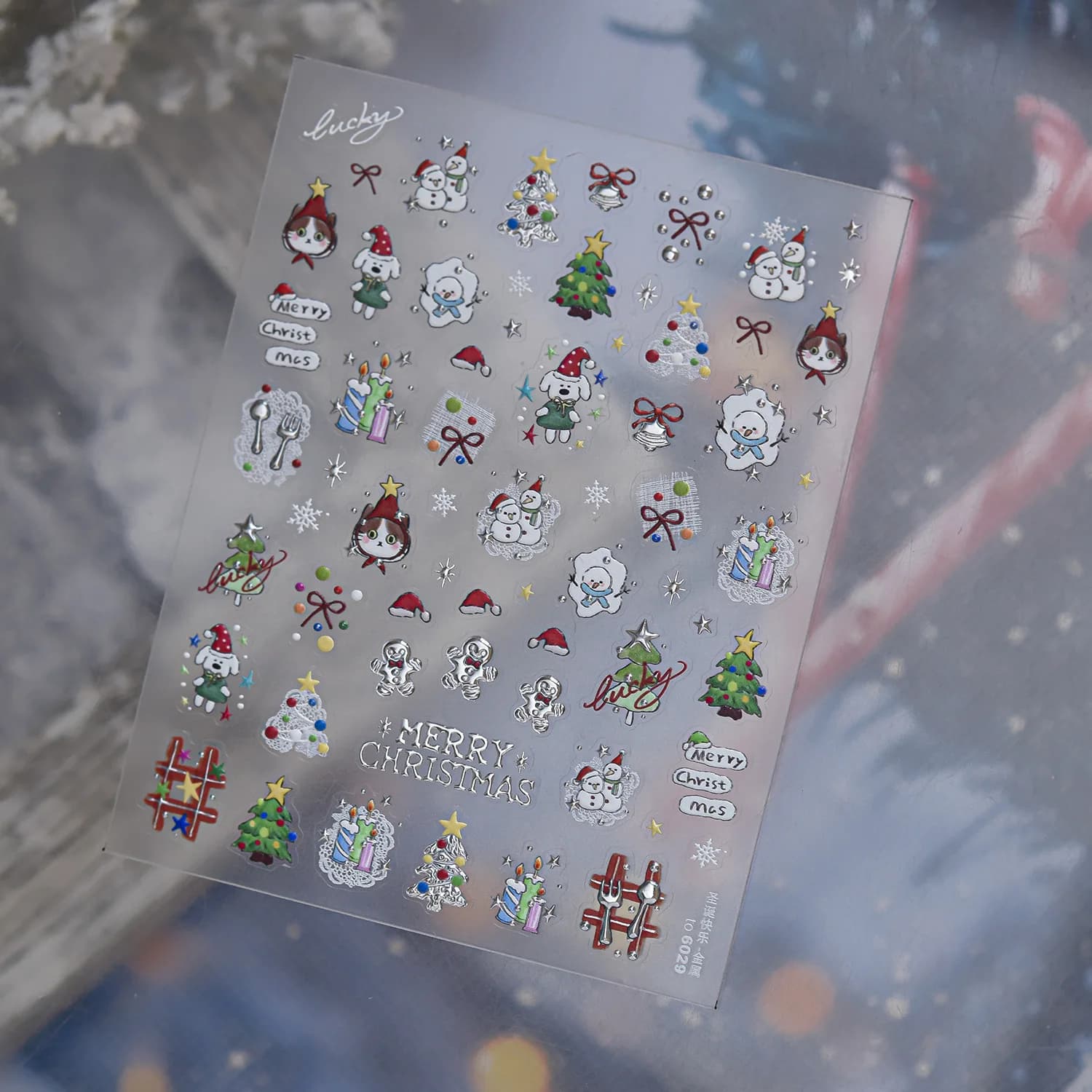 Winter Merry Christmas Nail Art Stickers 5D Embossed Cartoon Cat Dog Snowman Christmas Tree Gift Bow Lace Nail Decals Manicure