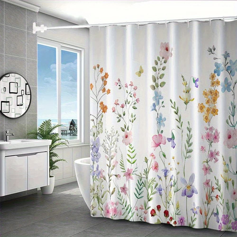 Tenda da doccia floreale da bagno 1 pezzo - Sfondo bianco con fiori vivaci, poliestere con stampa digitale, elegante tenda da doccia