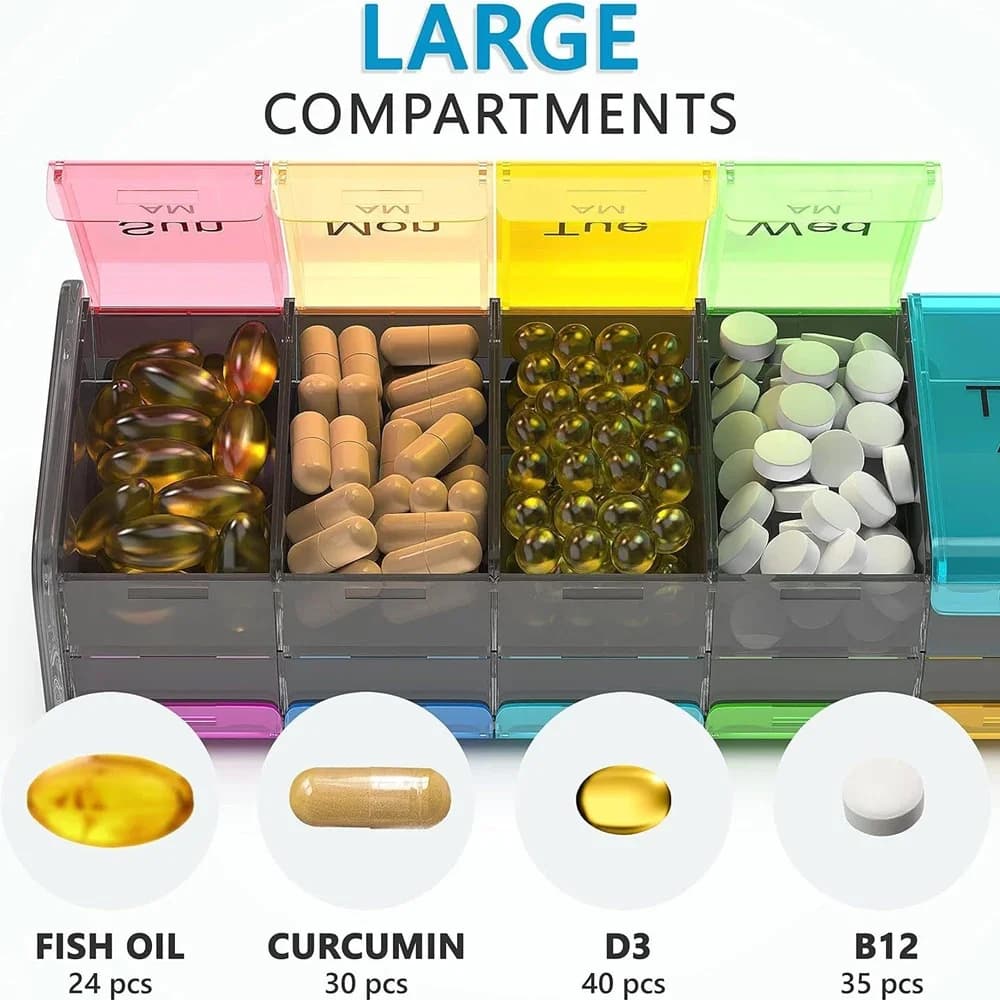 1 extra large pecs 2 times a day, large weekly pill holder, huge 7 days, AM PM nappie holder, vitamin pills