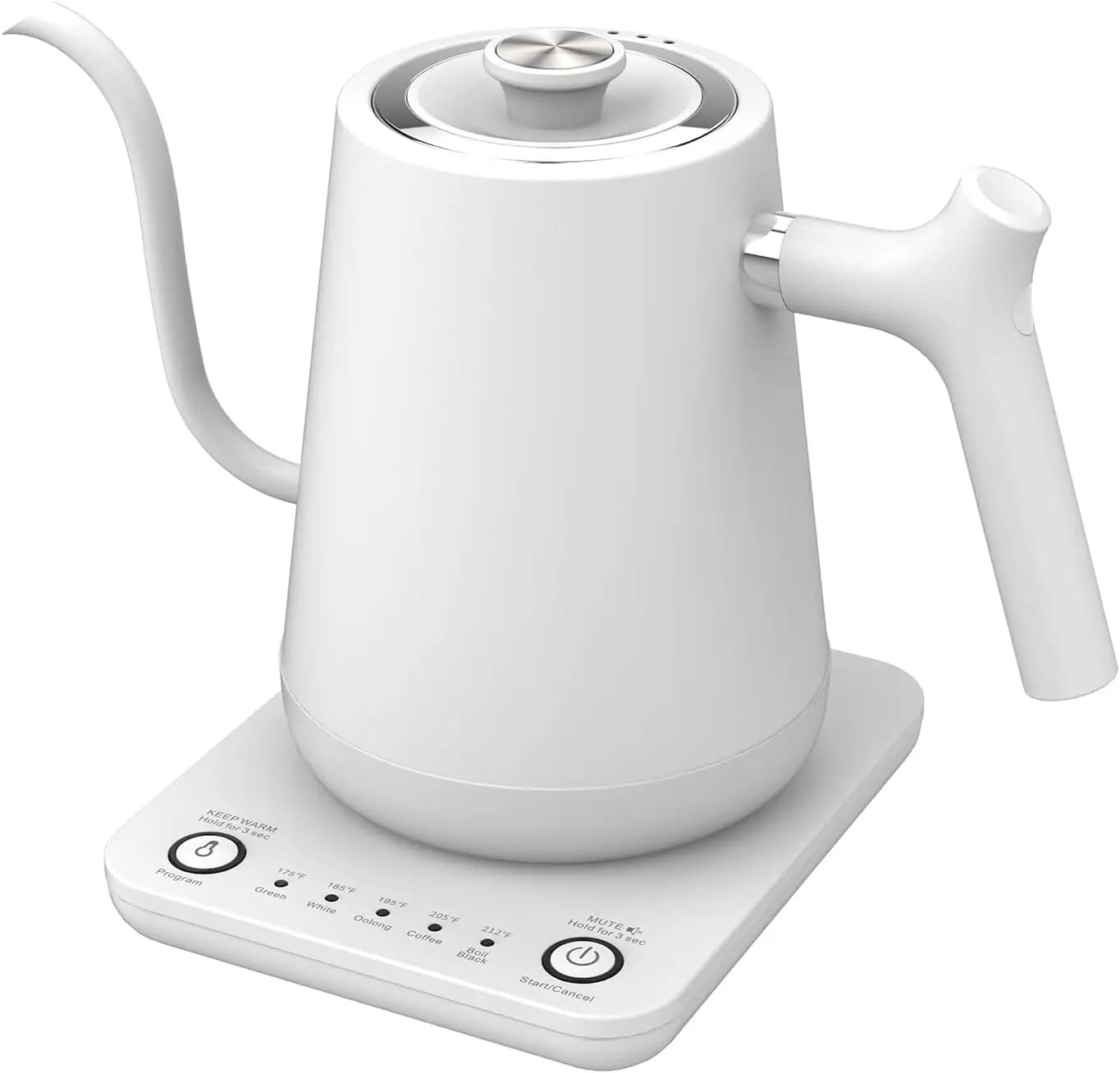Cigno neck electric kettle, 1000 W, 0.8 L, stainless steel, 5 presets, keeps warm, mute - white matt
