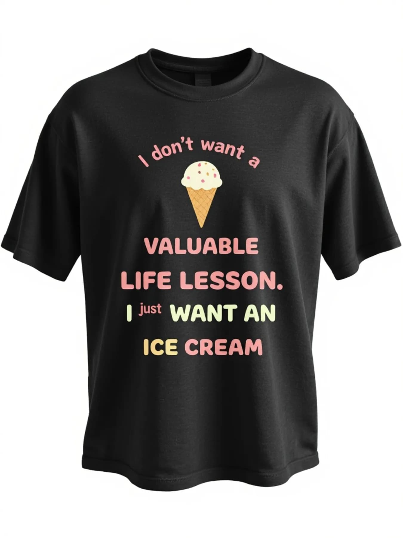 T-shirt da uomo con citazione divertente di gelato con slogan "Vero mangiare gelato" e stampa a cono, maglietta casual nera a maniche corte con testo rosa e verde, adatta per abbigliamento casual, feste, regali (lavabile alla macchina)