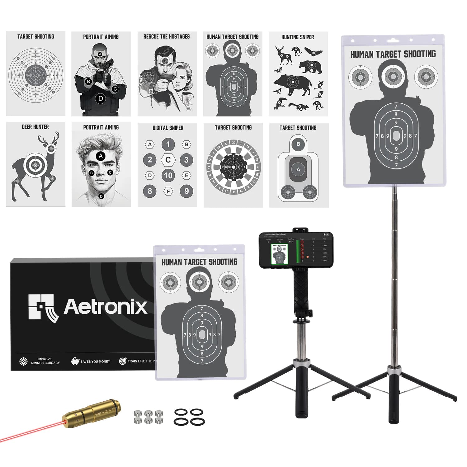 Allenatore laser a punto rosso con testa a cono da 9 mm con supporto per telefono e supporto per bersaglio elettronico per una pratica sicura ed efficace