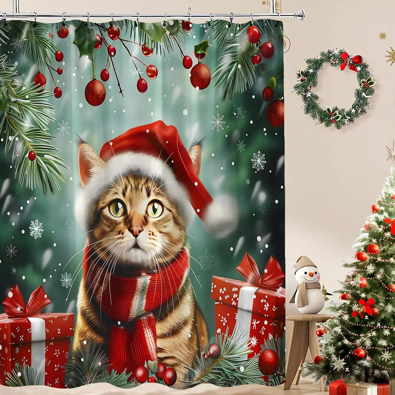 Tenda da doccia natalizia Simpatico gatto rosso Palla di Natale Foglie di pino innevato Fiocco di neve Neve Foresta invernale Scena naturale Divertente