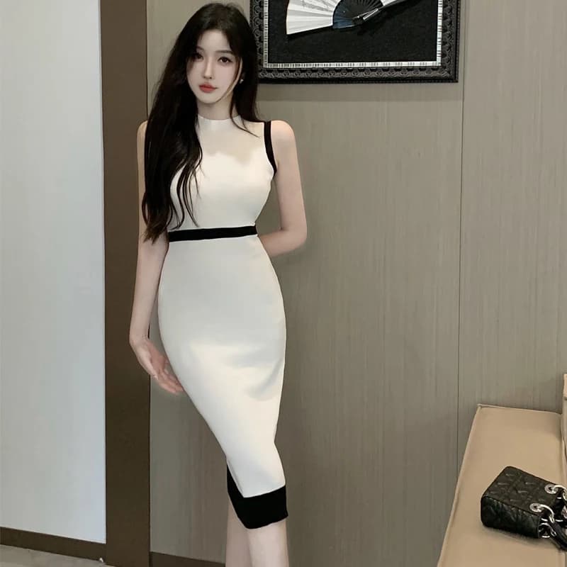 Summer Sexy Knitted Long Dress Women's Sleeveless Vest Dress Korean Style Color Block Slim Fit Polyester Fiber round Neck Dress