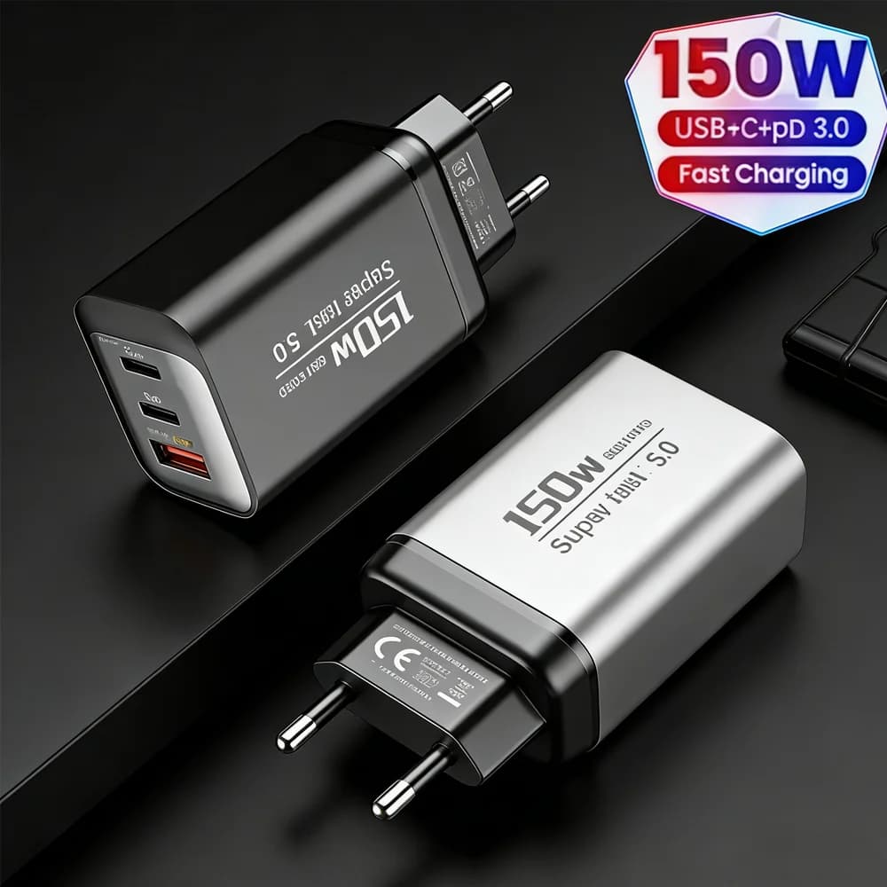 Caricatore USB Type-C 3 in 1 da 150W, Ricarica Super Veloce 5.0, Adattatore da Parete con Spina EU/UK/US per iPhone 17 16 Samsung Xiaomi