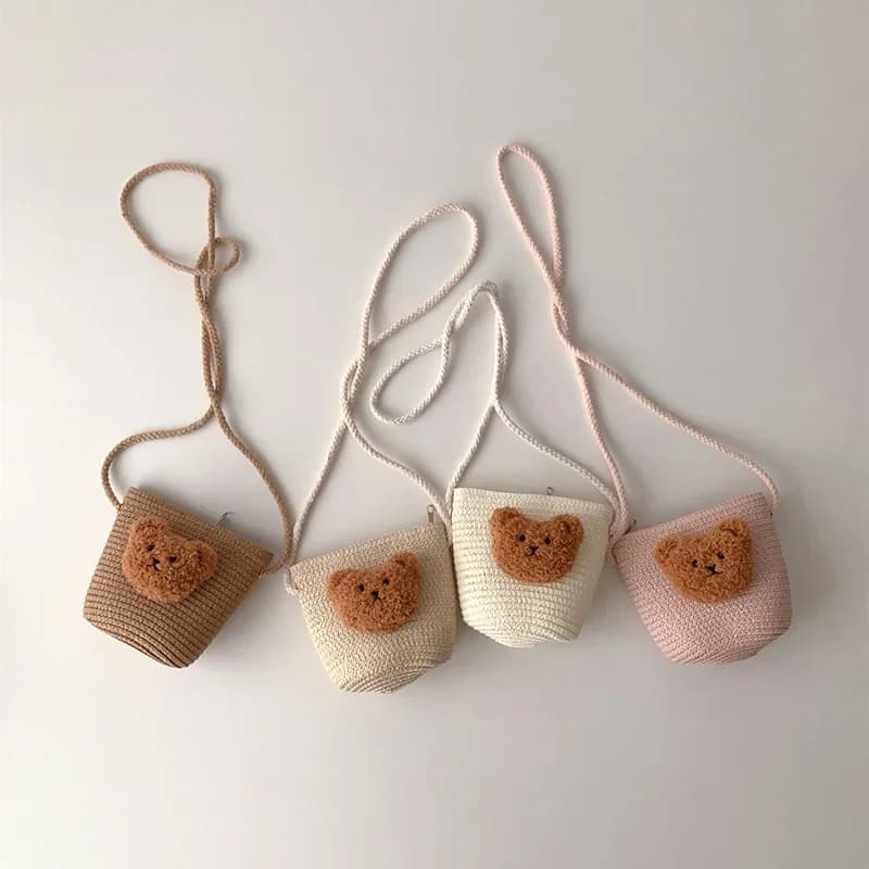 Borse a tracolla per bambini con orsetto carino coreano Borse a tracolla in paglia intrecciata a mano estiva per ragazza Borse da viaggio per bambini all'aperto Portamonete