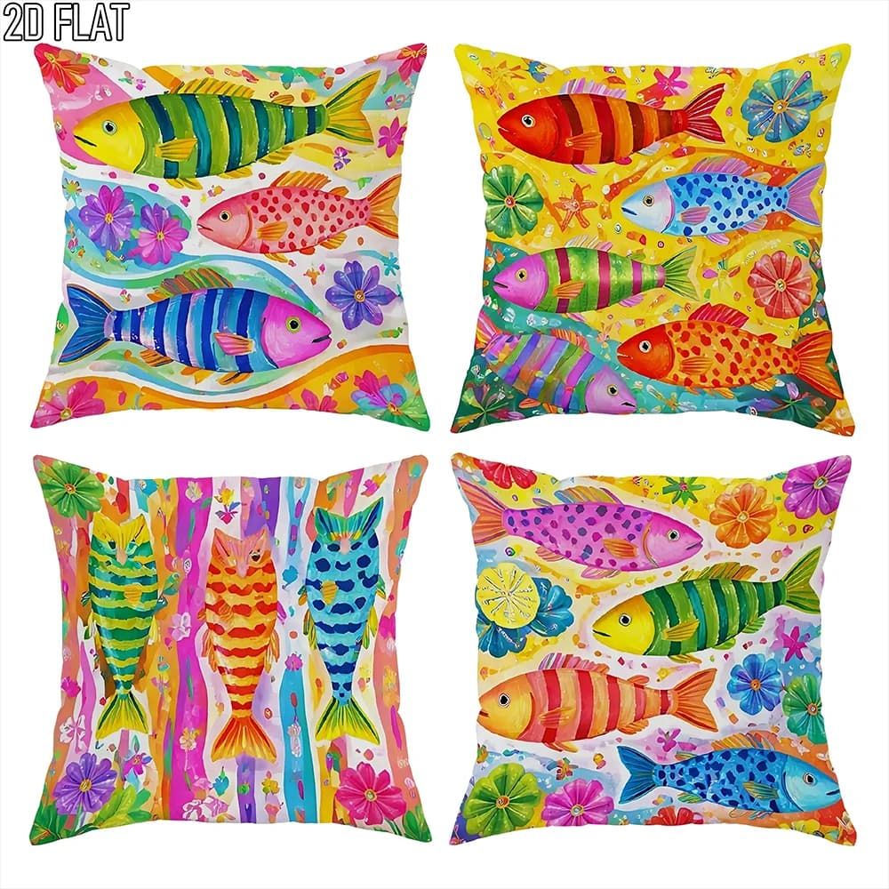 Set di 4 fodere per cuscini con stampa di pesci colorati in stile Boho, decorazione per interni ed esterni in stile farmhouse.