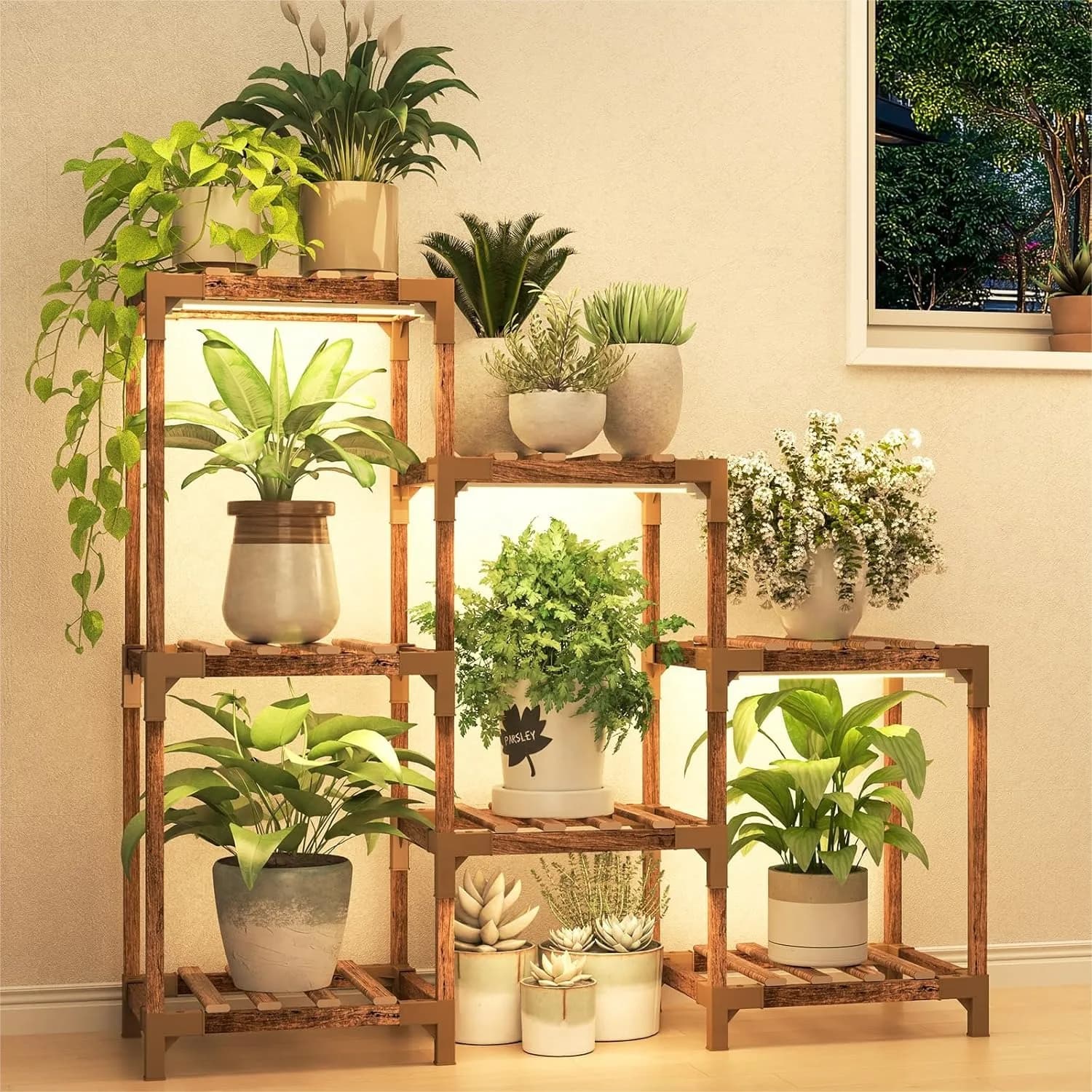 Supporto per Piante con Luce di Crescita, Scaffale a Scala in Legno a 7 Livelli per Interni, Porta Piante Angolare per Soggiorno e Patio Stile Boho