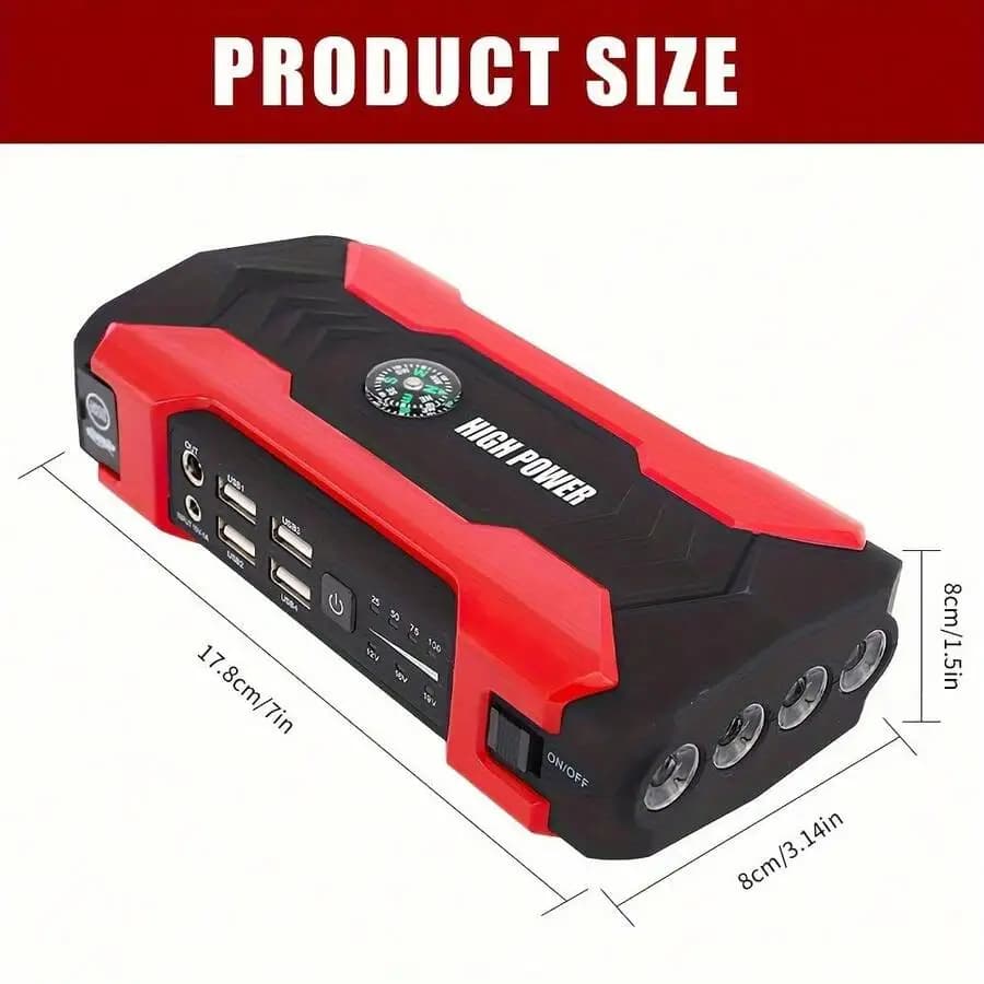 Avviatore di Emergenza Portatile per Auto 600A 12V con Power Bank, 4 Porte USB, Torcia e Bussola