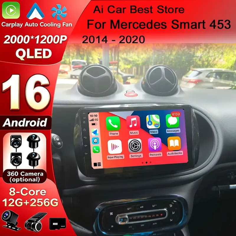 Android 16 Multimedia Player For Mercedes Smart 453 Fortwo 2014-2020 QLED 1280*720 Screen Carplay 2DIN DVD Autoradio