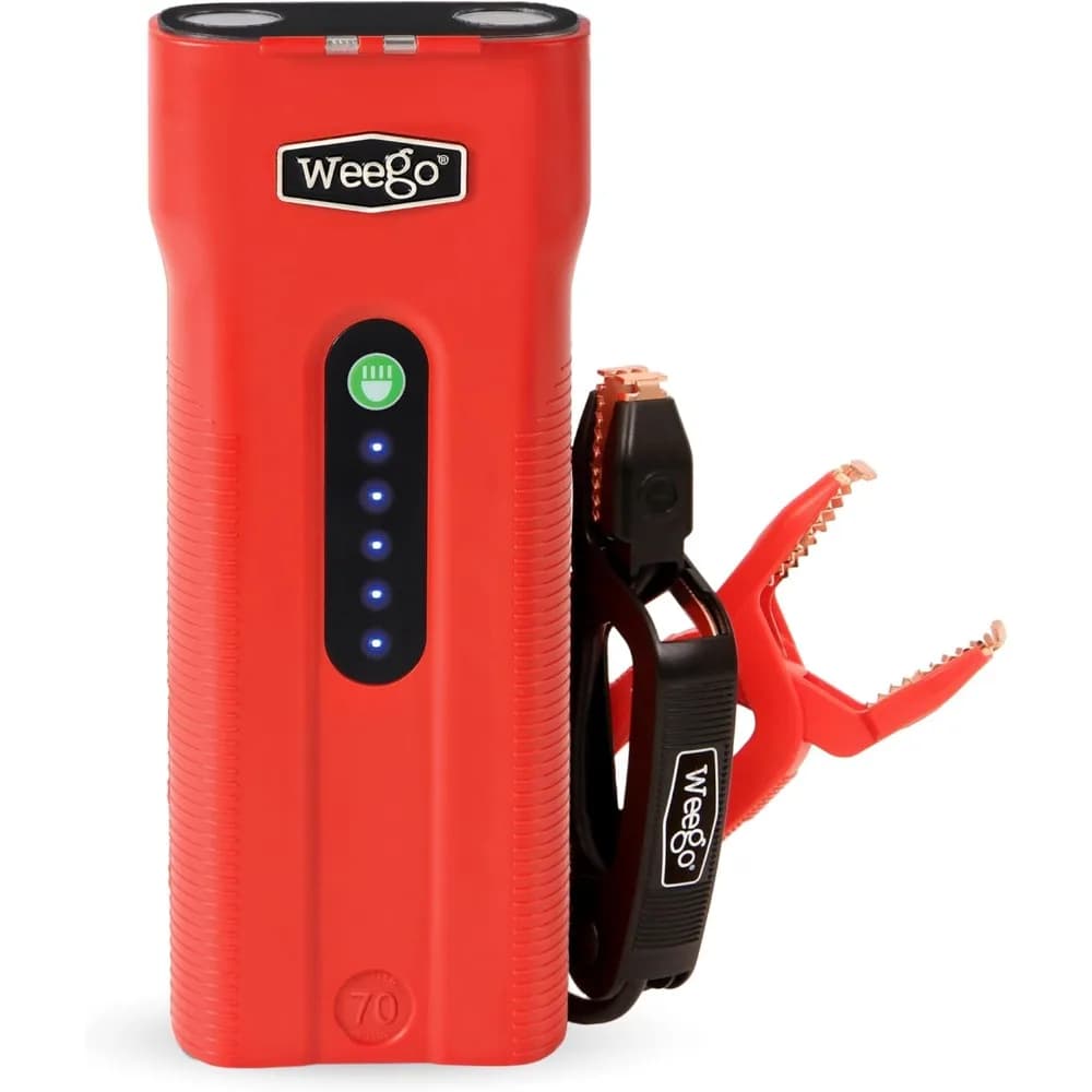 Avviatore di emergenza portatile Weego N70 12V, amplificatore di picco 2500 / amplificatore di avviamento 700, cavi di ponticello brevettati con batteria, tutte le gas e 5 litri di